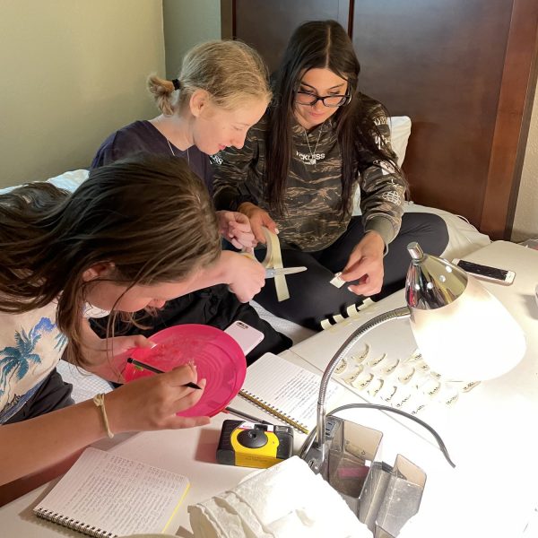 Women prepare labels for fossil specimens