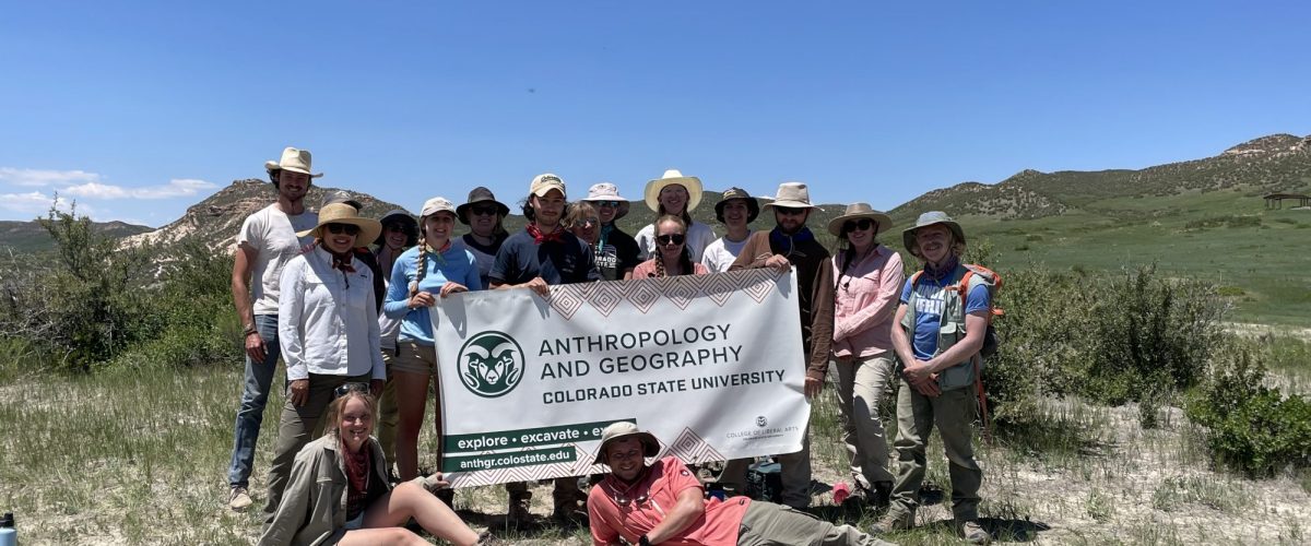 Group photo from the 2021 Archaeology Field School, led by Dr. Jason LaBelle, at the Lindenmeier Folsom Site within the Soapstone Prairie Natural Area north of Fort Collins