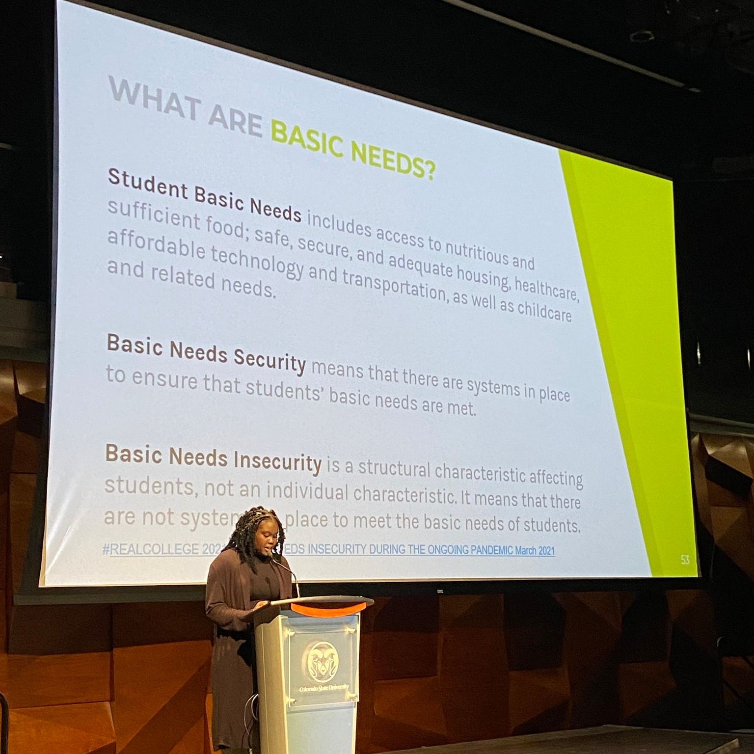 Helen Obuna presenting on student food insecurity at CSU Inspire, October 2022