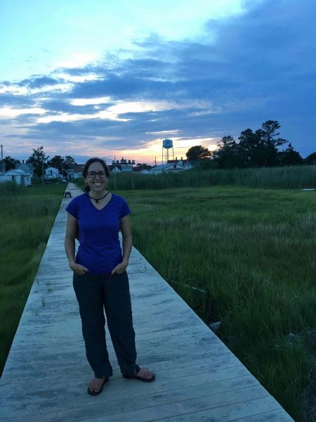 Woman researcher standing on a wooden boardwalk amid marsh