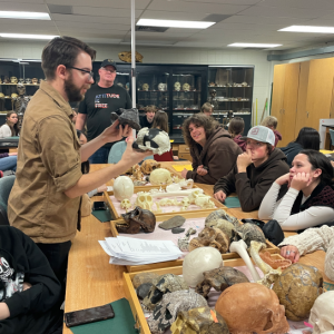 Instructor in Bone Lab asks students to compare skull casts standing at a table with other primate skull casts