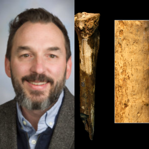 Dr. Michael Pante (left) and image of fossilized bone with closeup of cut marks.