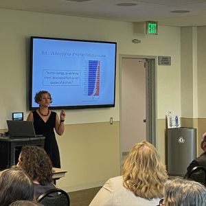 Dr. Briana Pobiner, of the Smithsonian Institution, speaks at the department Seminar Series, September 2023. More than 60 people attended the talk.