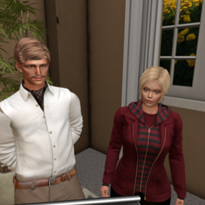 Screenshot of two avatars in Second Life, standing in room with window and houseplant behind them