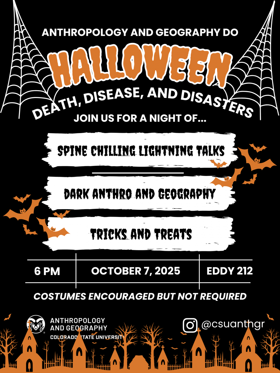 Flyer with text reading: Anthropology and Geography Do Halloween: Death, Disease, and Disasters
Tuesday, October 7, 6PM
Eddy 212
Join us for a night of...
Spine Chilling Lightning Talks
Dark Anthro and Geography
Tricks and Treats
Costumes encouraged but not required.
Flyer with cobweb graphics in coner and haunted skyline on bottom edge in orange. Black background. Text in white.