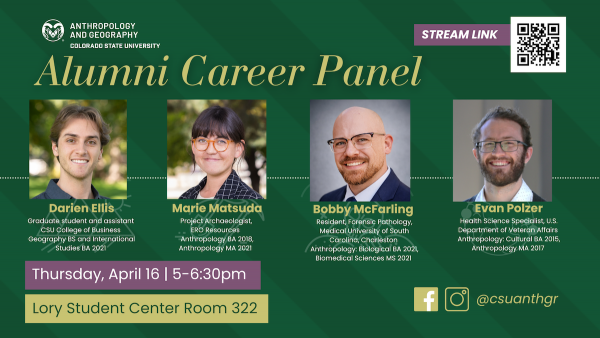 Alumni career panel poster anthropology and geography thursday april 16 5PM