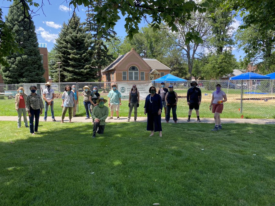 group photo of faculty and students at 2020 Archaeology Field School with CSU president - group is dispersed for COVID compliance