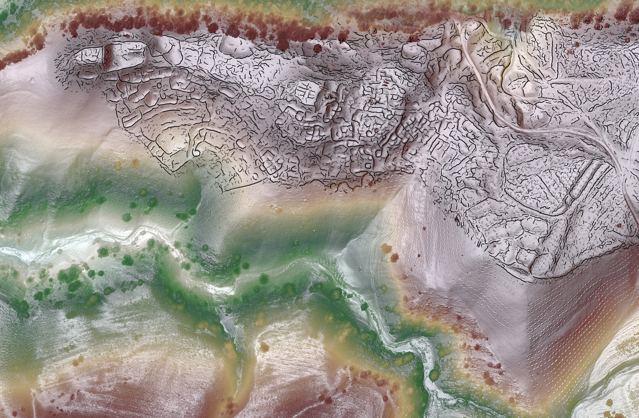 A map view of a lidar scan showing a large area in the mountains of Uzbekistan where the city of Tugunbulak was.