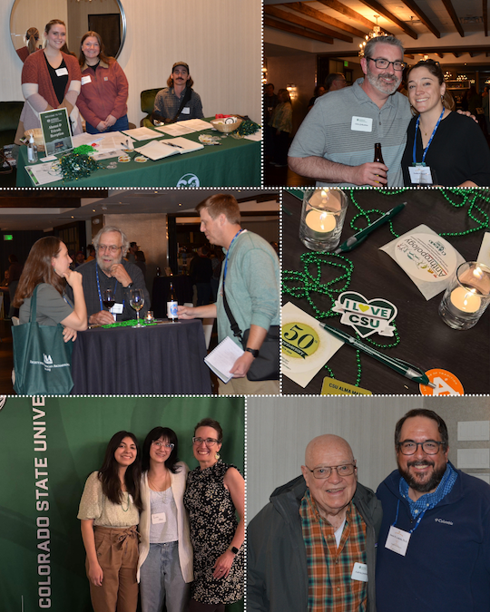 Composite graphic of six images showing clockwise starting top left: photo of 3 student volunteers at registration table; two alumni standing together smiling; image of tabletop with green beadd and stickers that read I LOVE CSU and 50TH; image of emeritus professor and current professor smiling; two students and a professor in front of green background that reads colorado state; three people standign at high top table talking.
