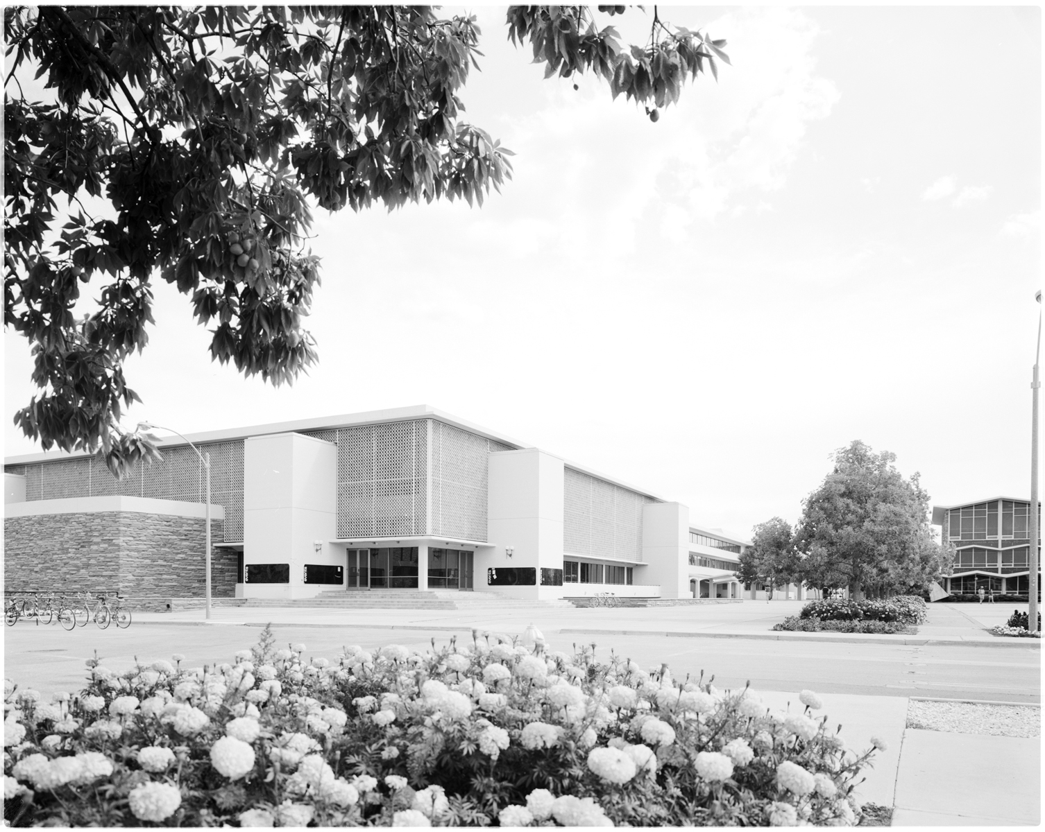 black and white photo of campus buildings and plaza